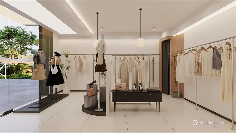 Bright Modern Minimalist Clothing Store Interior With Neat Garment And Fashion Accessory Displays 3d model 