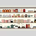 Assorted Tea Ware Display on Multi Layer Shelves with Teapots Cups and Canisters