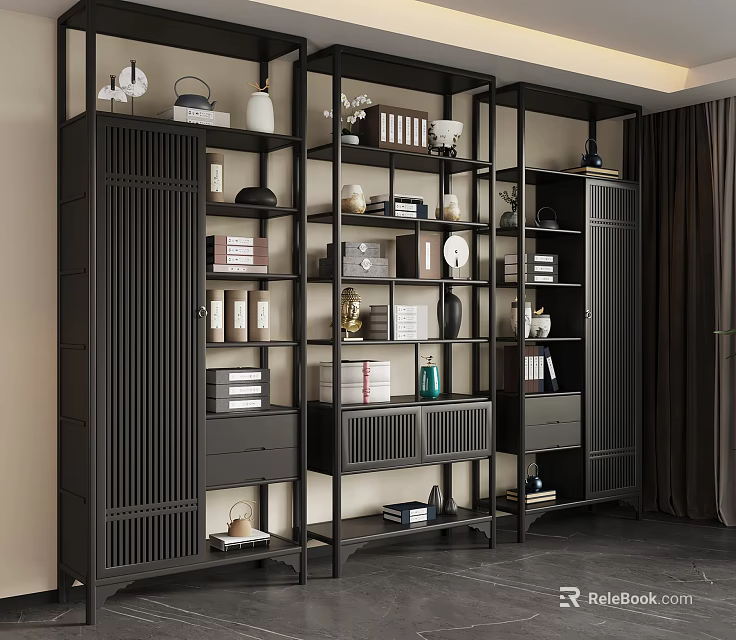 Modern Black Bogu Shelf with Decorative Vases Books and Storage Drawers 3d model 