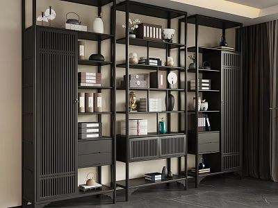 Modern Black Bogu Shelf with Decorative Vases Books and Storage Drawers 3d model