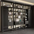 Modern Black Bogu Shelf with Decorative Vases Books and Storage Drawers