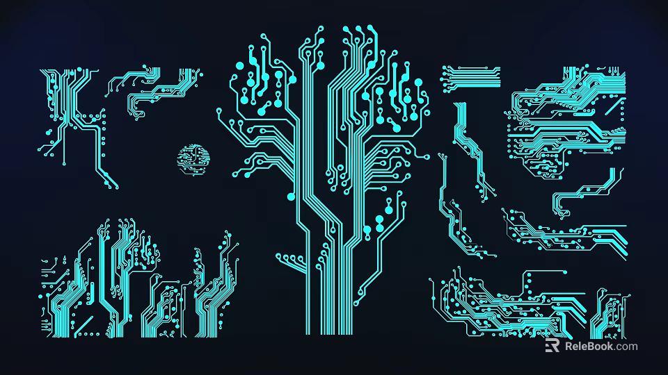 Light Blue Circuit Board Design Decorative Lights with Tree Shaped Pattern on Dark Blue Background 3d model