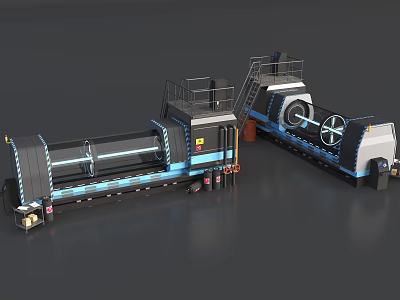Industrial Equipment with Long Machine Structure Blue Accents Ladder and Wheel Components 3d model