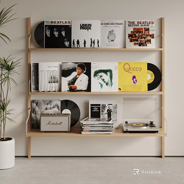 Minimalist Wooden Display Shelf With Vinyl Records Record Covers Record Player And Potted Plant 3d model 