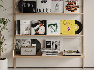 Minimalist Wooden Display Shelf With Vinyl Records Record Covers Record Player And Potted Plant 3d model