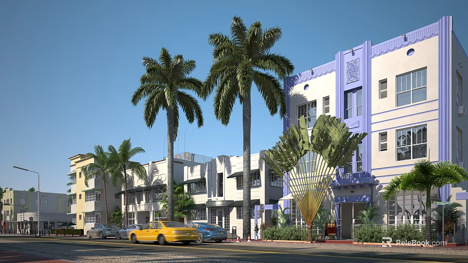 Vibrant Commercial Street With Purple White Buildings Palm Trees Golden Decorative Structure And Yellow Taxi 3d model 