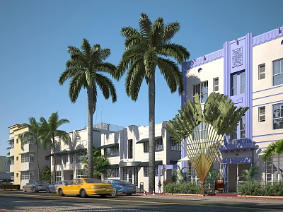 Vibrant Commercial Street With Purple White Buildings Palm Trees Golden Decorative Structure And Yellow Taxi 3d model