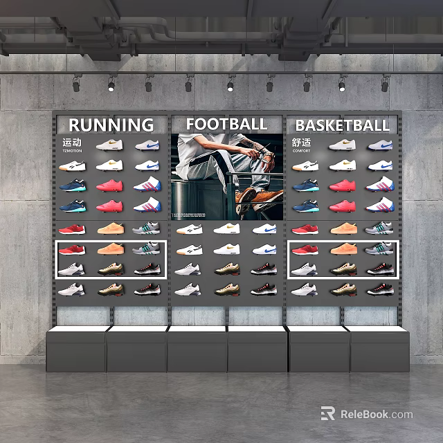 Organized Sports Shoe Rack Display With Running Football Basketball Shoes And Multicolor Designs 3d model 
