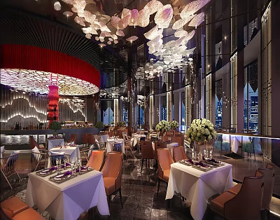 Elegant Banquet Hall Interior Design With Round Tables Comfortable Chairs And Decorative Chandeliers 3d model