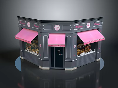 Cartoon Scene Corner Shop With Gray Building Pink Awnings Sign On Door And Window Displays 3d model