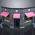 Cartoon Scene Corner Shop With Gray Building Pink Awnings Sign On Door And Window Displays