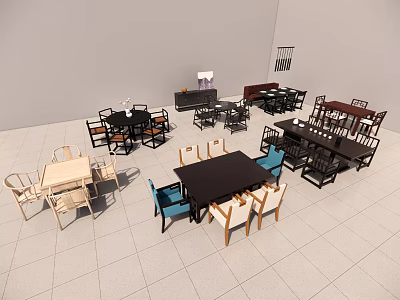 Various Style Dining Table Sets With Wooden Frames Black Tabletops And Blue Chairs 3d model