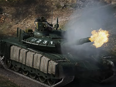 Military Tank Firing In Field With Number 2231 And Armor 3d model