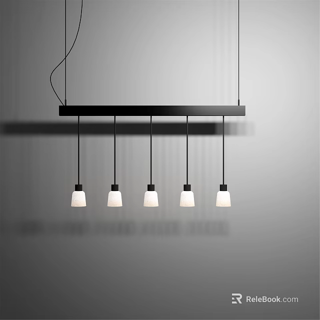 Modern Black Rectangular Pendant Light Fixture With Five White Hanging Lamps On Neutral Background 3d model 