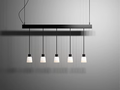Modern Black Rectangular Pendant Light Fixture With Five White Hanging Lamps On Neutral Background 3d model