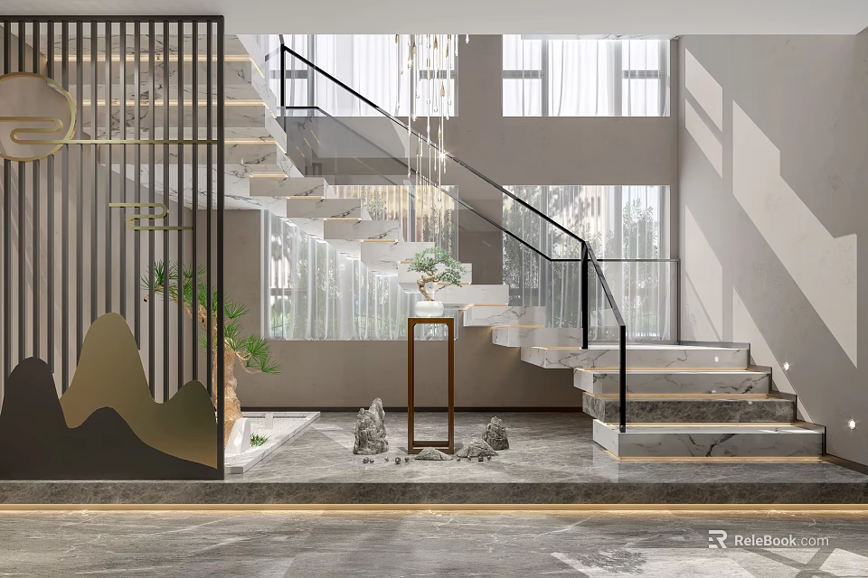 Modern Staircase With Glass Railing And Landscape Screen Green Plants Marble Floor 3d model 