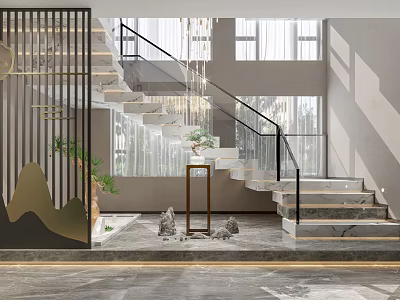 Modern Staircase With Glass Railing And Landscape Screen Green Plants Marble Floor 3d model