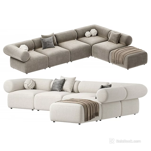 Modern Light Colored Sofa Set With Rounded Armrests Cushions And Ottoman Throw Blanket 3d model 