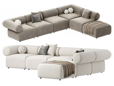 Modern Light Colored Sofa Set With Rounded Armrests Cushions And Ottoman Throw Blanket 3d model