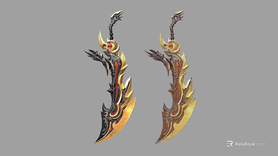 Ornate Decorative Weapons With Gold Black Accents And Red Gemstone Dragon Design 3d model 