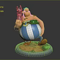 Muscular Cartoon Character In Striped Pants Holding Small Creature With Round Base Green Yellow Details