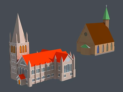 European style Architecture with Red Brown Roofs Green Spire and Arched Windows 3d model