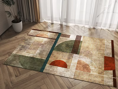 Square Carpet With Geometric Patterns Green Orange Beige Tones On Wooden Floor 3d model