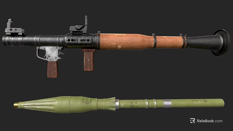 Military Weapon Featuring Rifle With Wooden Stock And Green Artillery Shell 3d model 