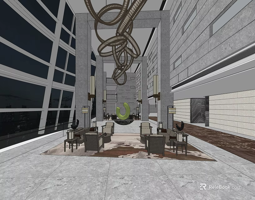 Modern Hotel Lobby Interior With Spiral Chandeliers Large Windows And Green Plants 3d model 