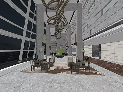 Modern Hotel Lobby Interior With Spiral Chandeliers Large Windows And Green Plants 3d model