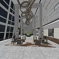 Modern Hotel Lobby Interior With Spiral Chandeliers Large Windows And Green Plants