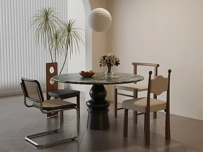 Round Marble Modern Dining Table And Chairs With Metal Wooden Frames Potted Plants Hanging Light 3d model