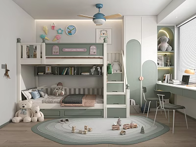 Cozy Kids Room With Bunk Bed Bookshelf Stuffed Toys Rug And Study Desk 3d model