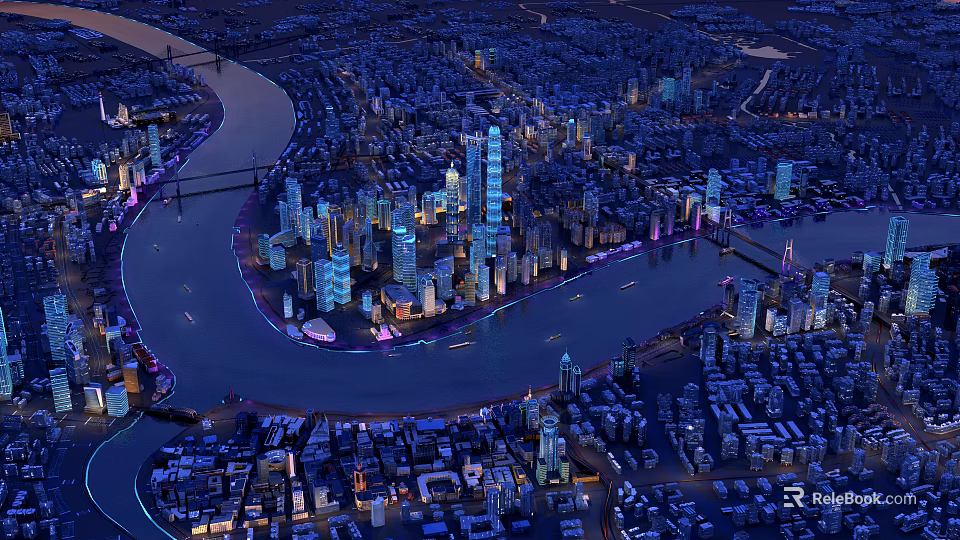 Birds Eye View Urban Planning Showcasing River Illuminated Skyscrapers and City Layout 3d model 