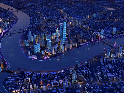 Birds Eye View Urban Planning Showcasing River Illuminated Skyscrapers and City Layout 3d model