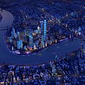 Birds Eye View Urban Planning Showcasing River Illuminated Skyscrapers and City Layout