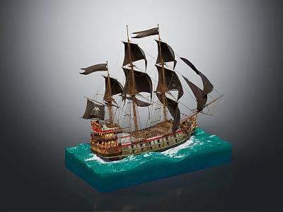 Model Sailing Ship with Black Multiple Sails and Decorative Wooden Hull on Blue Wave Base 3d model