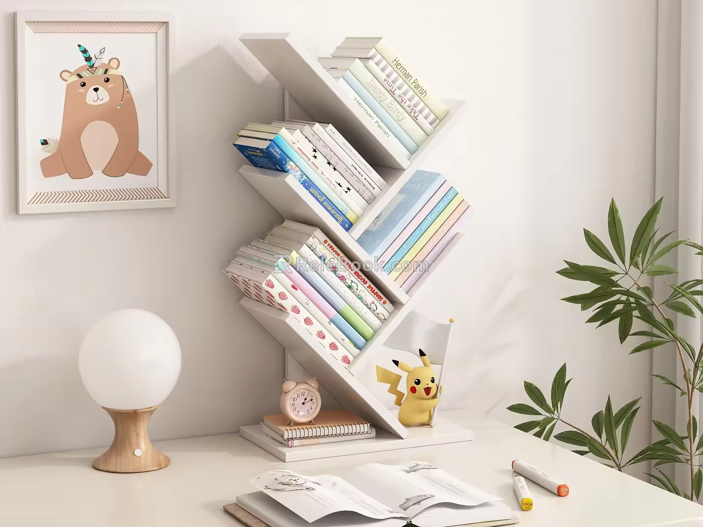 Modern Tree Bifurcation Bookshelf Hanging Picture Book Alarm Clock Green Plant Combination 3d model