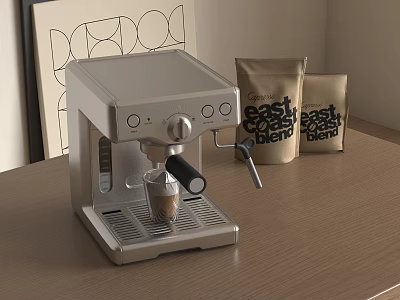 Modern Stainless Steel Coffee Machine as Kitchen Appliance with East Coast Blend Coffee Bags 3d model