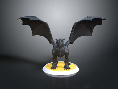 Black Dragon Sculpture With Spread Wings On Yellow And White Circular Base 3d model