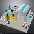 White Industrial Building With Blue Stripes Cylindrical Tanks Yellow Mechanical Arm And Colorful Barrels