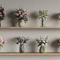 Colorful Flower Vases With Blooms On Two Rows Wooden Shelves Decorative Arrangement