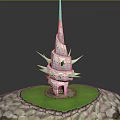 Cartoon Scene Featuring Pink Spired Tower With Spiked Decorations On Green Grass And Stone Ground