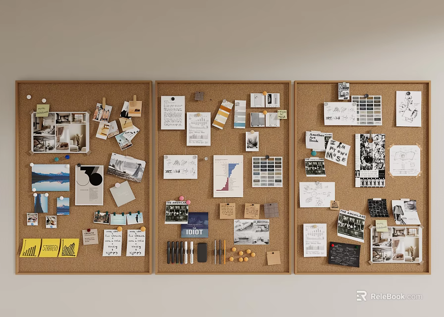 Creative Wall Decor with Cork Boards Holding Photos Papers Notes and Samples 3d model 