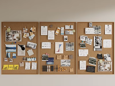 Creative Wall Decor with Cork Boards Holding Photos Papers Notes and Samples 3d model