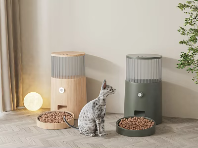 Smart Automatic Pet Feeder for Cats with Wooden and Dark Green Design in Modern Home 3d model