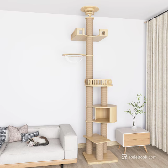 Wooden Cat Tree With Multiple Platforms And Hanging Hoop In Living Room For Pet Cat 3d model 