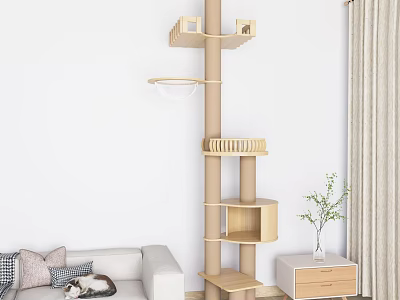 Wooden Cat Tree With Multiple Platforms And Hanging Hoop In Living Room For Pet Cat 3d model