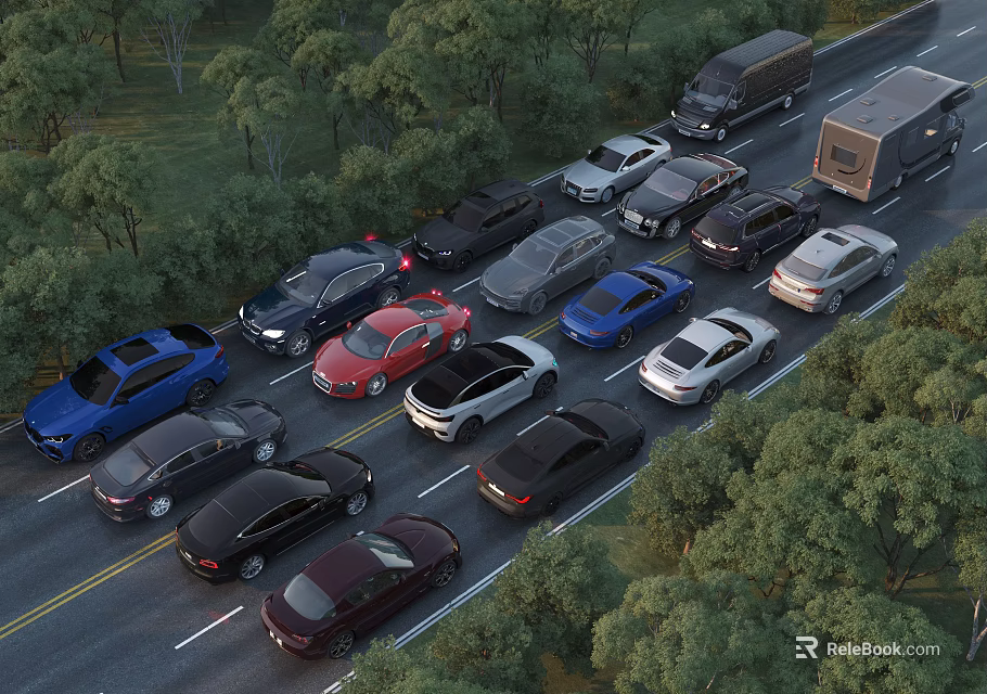 Various Cars In Heavy Traffic Jam On Road 3d model 