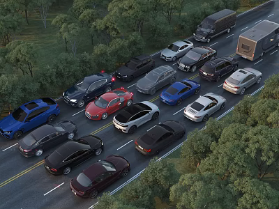 Various Cars In Heavy Traffic Jam On Road 3d model